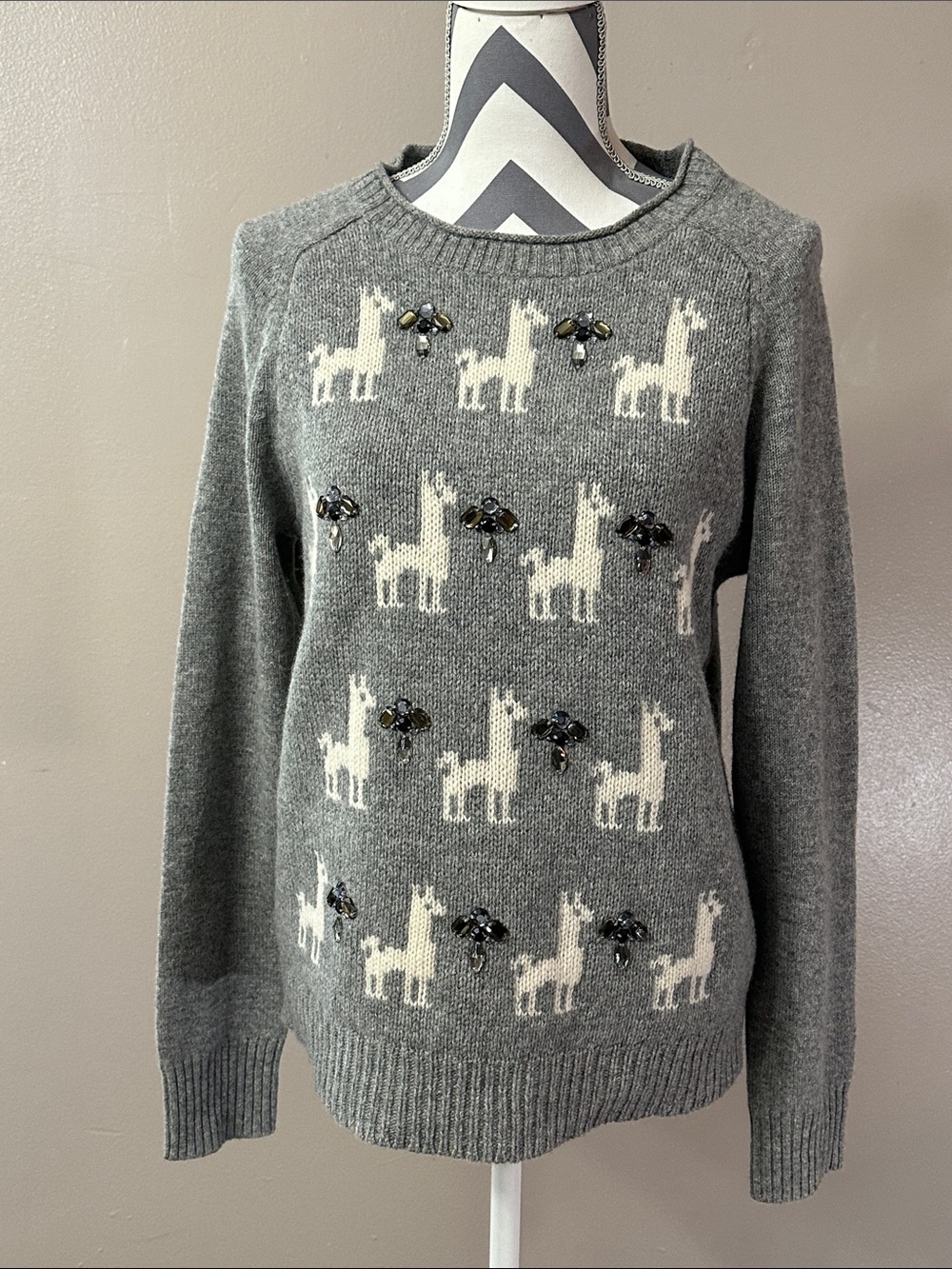 J Crew large Grey Llama Embellished Crewneck Sweater *hole